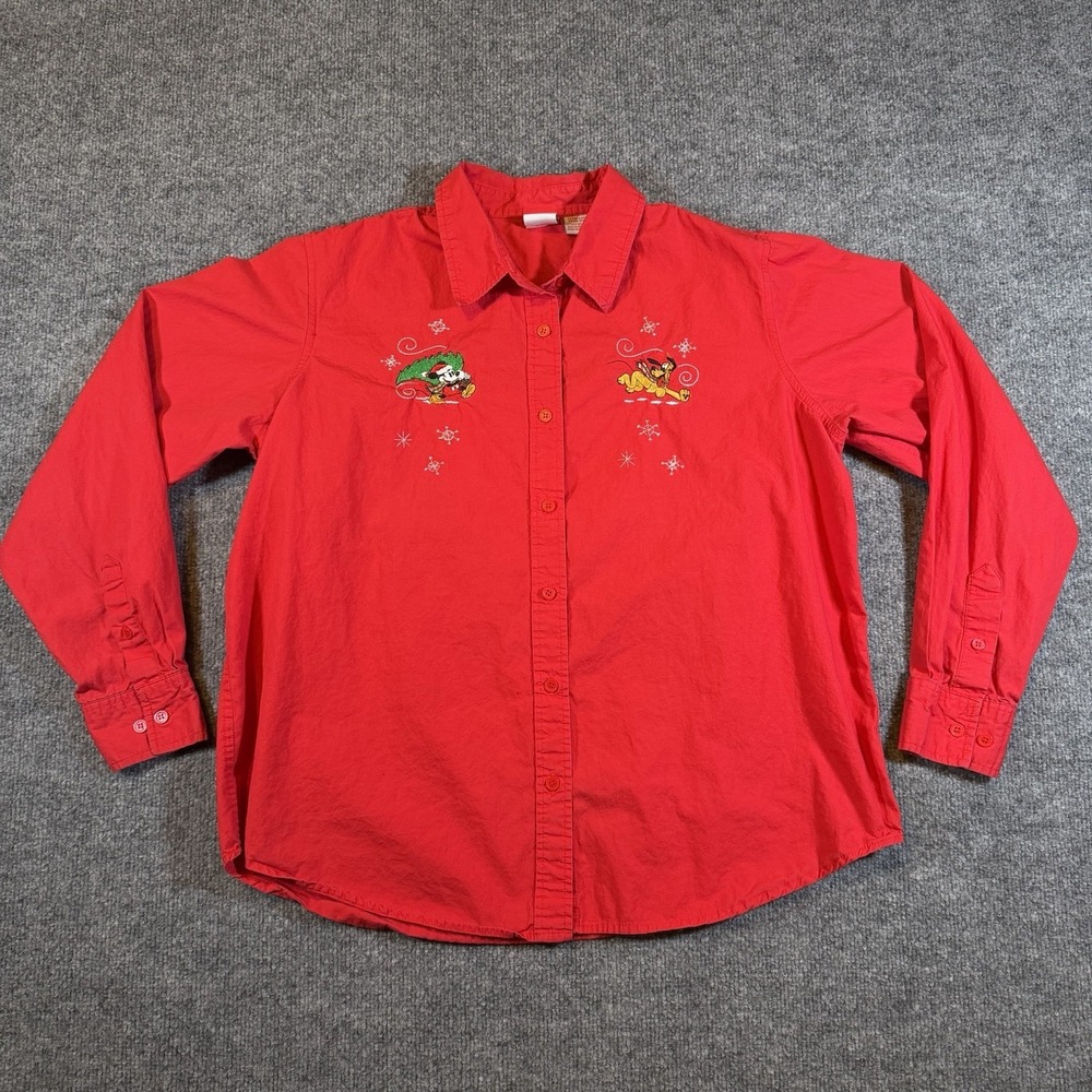 Vintage Women's Disney Mickey Mouse‎ Pluto Christmas Button Front Shirt Size XL